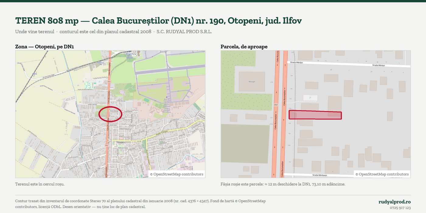 Harta terenului: parcela este conturată cu roșu pe Calea Bucureștilor (DN1), în Otopeni